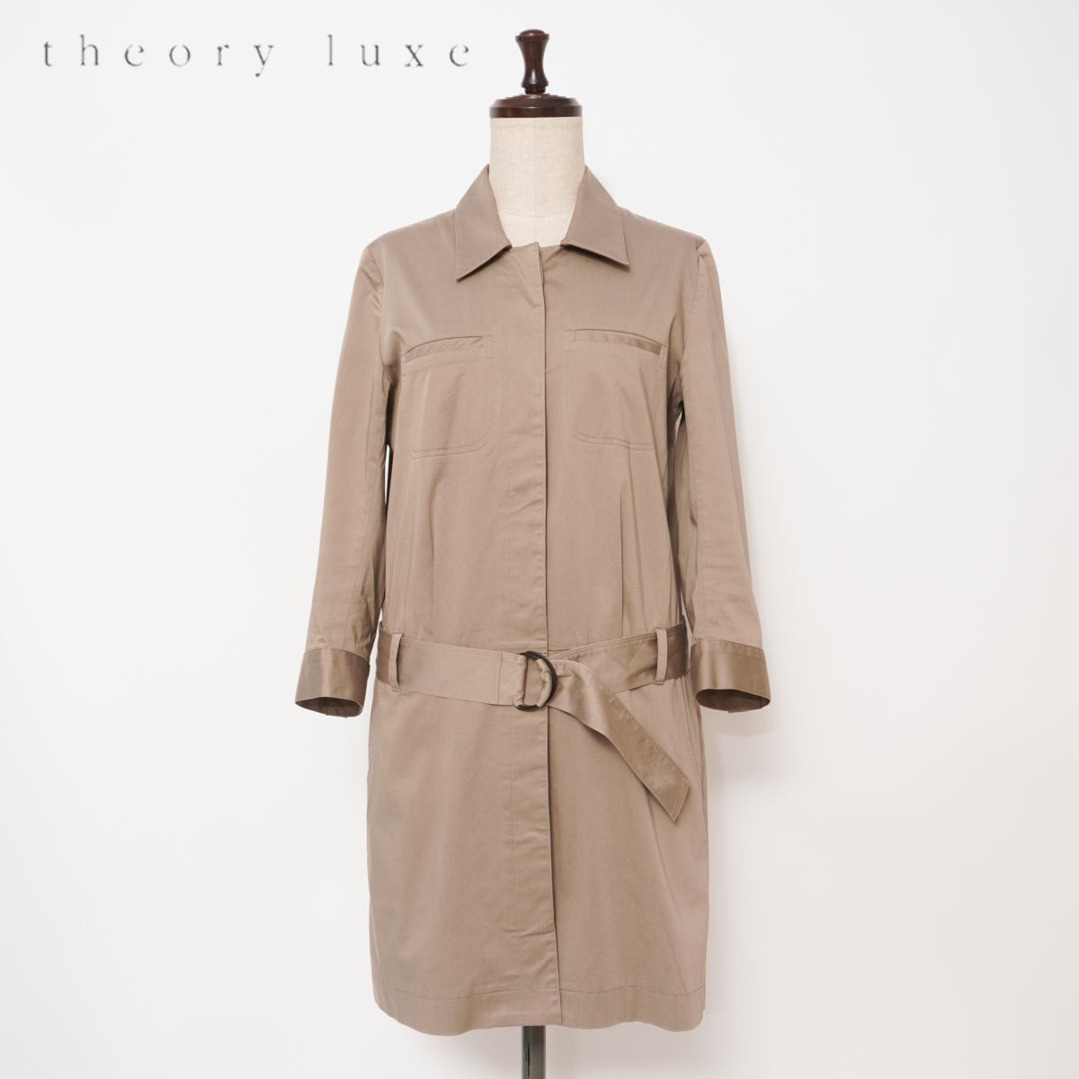 美品 theory luxe セオリーリュクス サファリワンピース シャツ 羽織 膝丈 裏地なし レディース カーキベージュ サイズ40*GD854拍卖