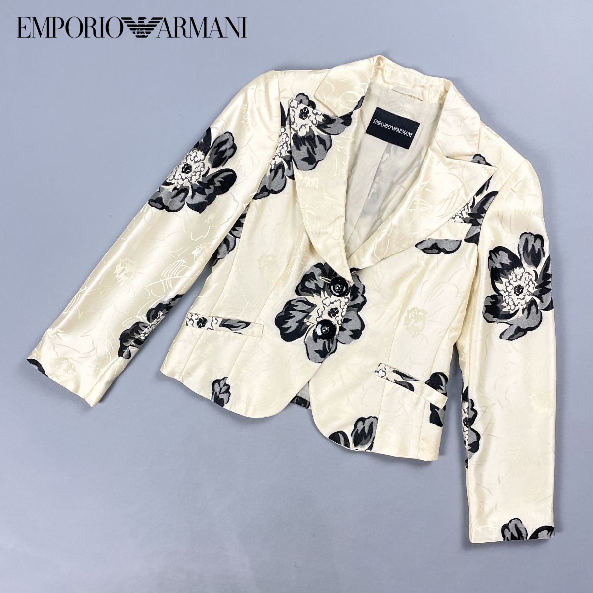 EMPORIO ARMANI エンポリオアルマーニ 花柄ジャガード織ジャケット 長袖 ミドル丈 総裏 レディース ベージュ 黒 ブラック サイズS相当*GD28拍卖