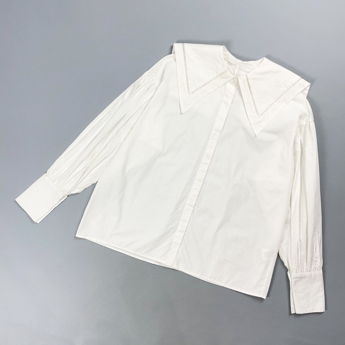 美品 La-gemme ラジェム ビッグカラーブラウス パフスリーブ 長袖シャツ レディース 白 ホワイト サイズF*GD30拍卖