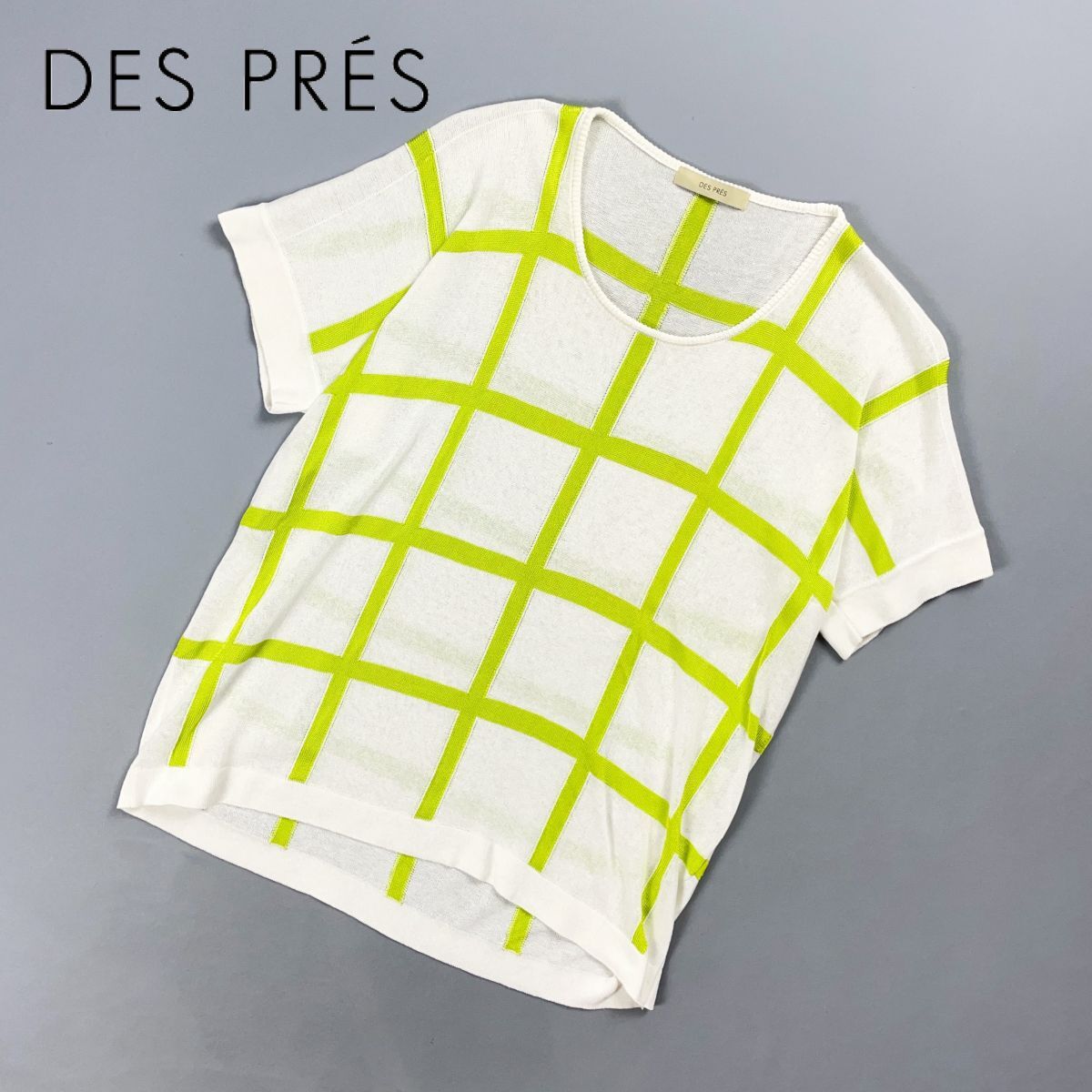 DES PRES デプレ 格子柄ニットプルオーバー 半袖セーター サマーニット リネン混 レディース 白 ホワイト 緑 グリーン サイズ1*GD31拍卖