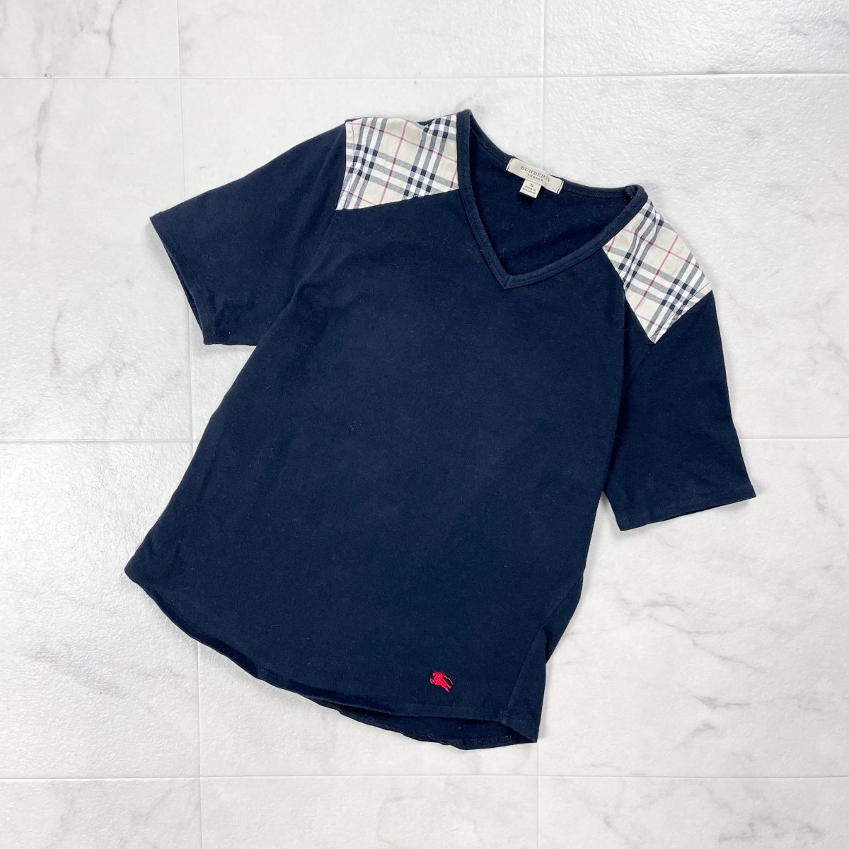 BURBERRY LONDON バーバリーロンドン ノバチェック 半袖VネックTシャツ ホース刺繍 レディース 黒 ブラック サイズS*GD43拍卖