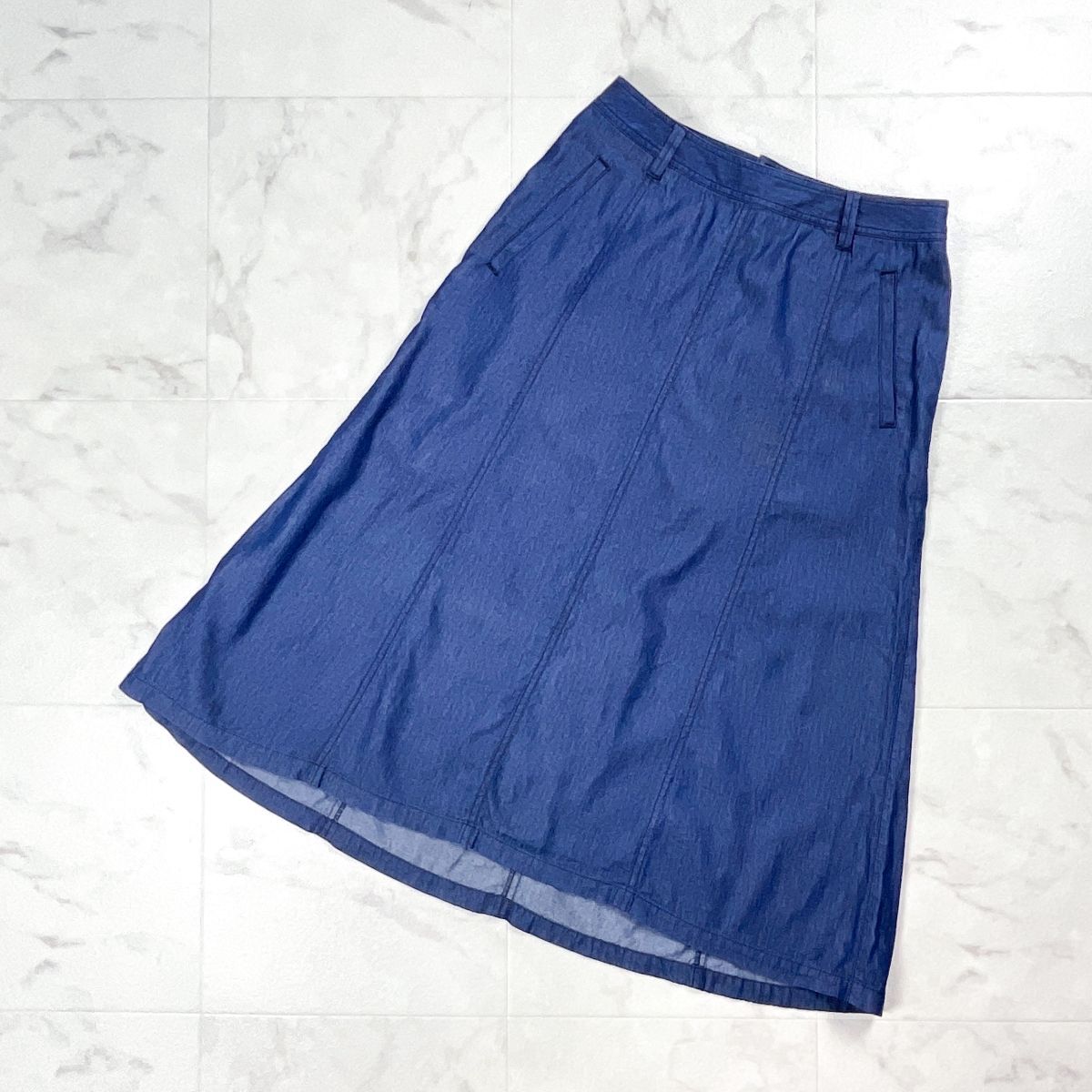 美品 EVEX by KRIZIA エヴェックスバイクリツィア ダンガリーデニムAラインスカート 裏地なし ミモレ丈 ネイビー 紺 サイズ40*GD701拍卖
