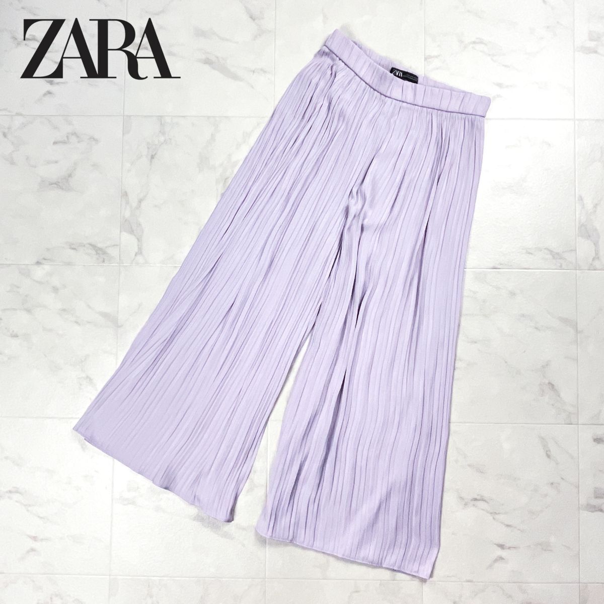 ZARA ザラ プリーツワイドパンツ ガウチョパンツ ボトムス 裏地なし レディース ライラック ライトパープル 紫 サイズ26*GD708拍卖