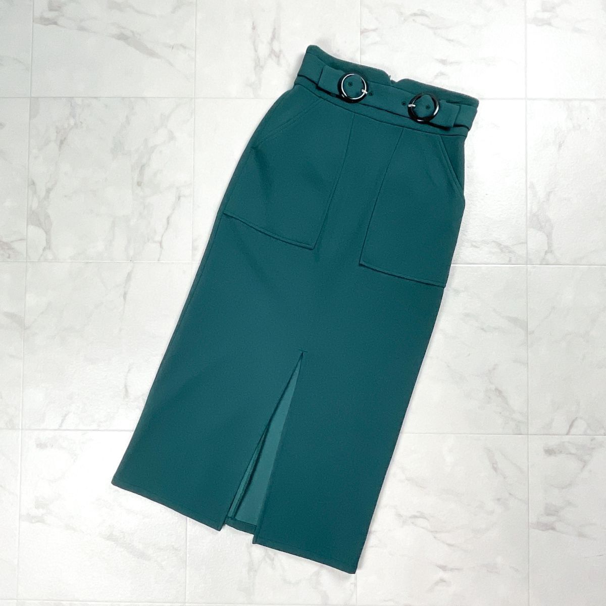 MURUA ムルーア フロントスリット ハイウェストタイトスカート 裏地なし ミモレ丈 グリーン 緑 サイズ1*GD725拍卖