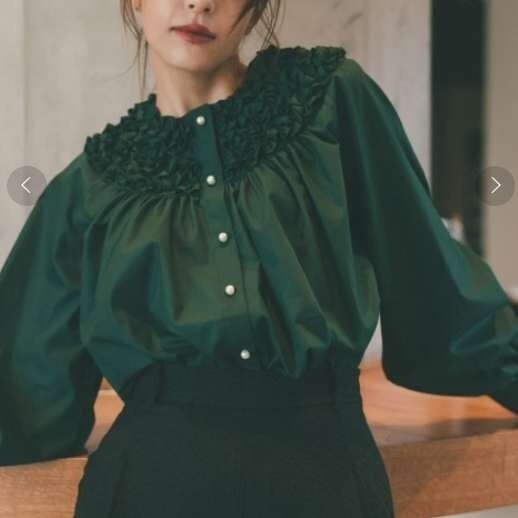 美品 Donoban ドノバン ミニフリルパールブラウス シャツ 長袖 トップス レディース グリーン 緑 サイズF*GD832拍卖