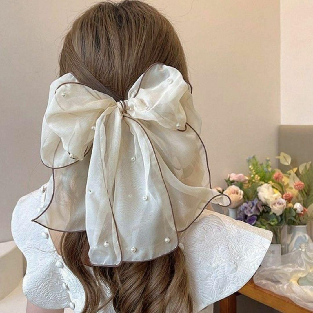 パール リボン バレッタ 白 大きめ ヘアクリップ 韓国風 新品 シアー 可愛い 髪留め おしゃれ ヘアアクセサリー拍卖