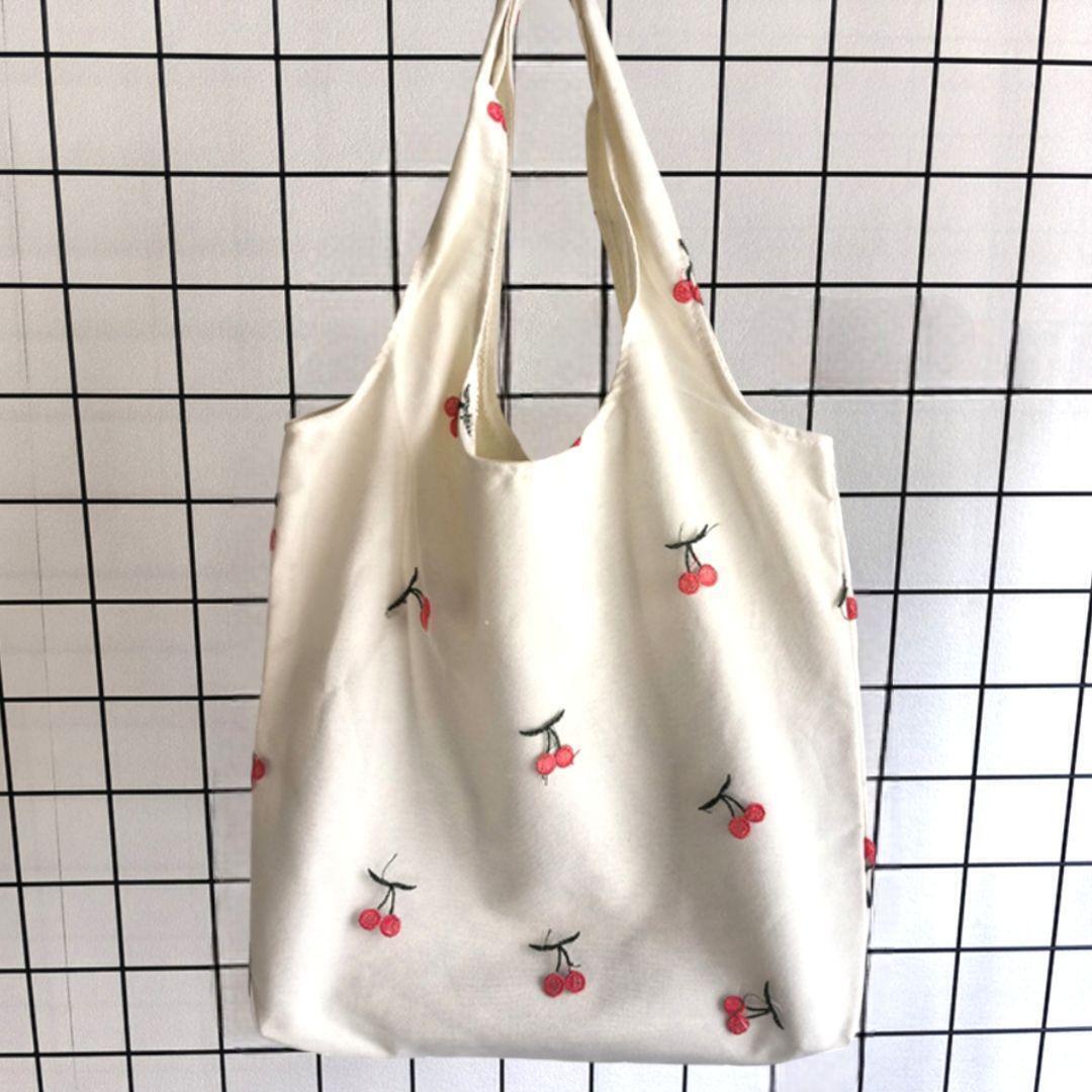 チュール バッグ レディース A4 トートバッグ さくらんぼ キャンバス 大容量 可愛い サブバッグ おしゃれ ホワイト 白拍卖