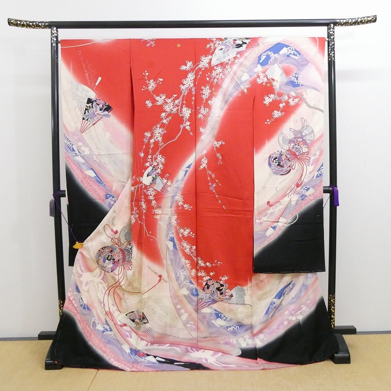 2507A-2137●関着/振袖/刺繍/鼓に花柄等/リメイク・材料等に/新品/未仕立て/正絹/絵羽/(梱包サイズ:80)拍卖