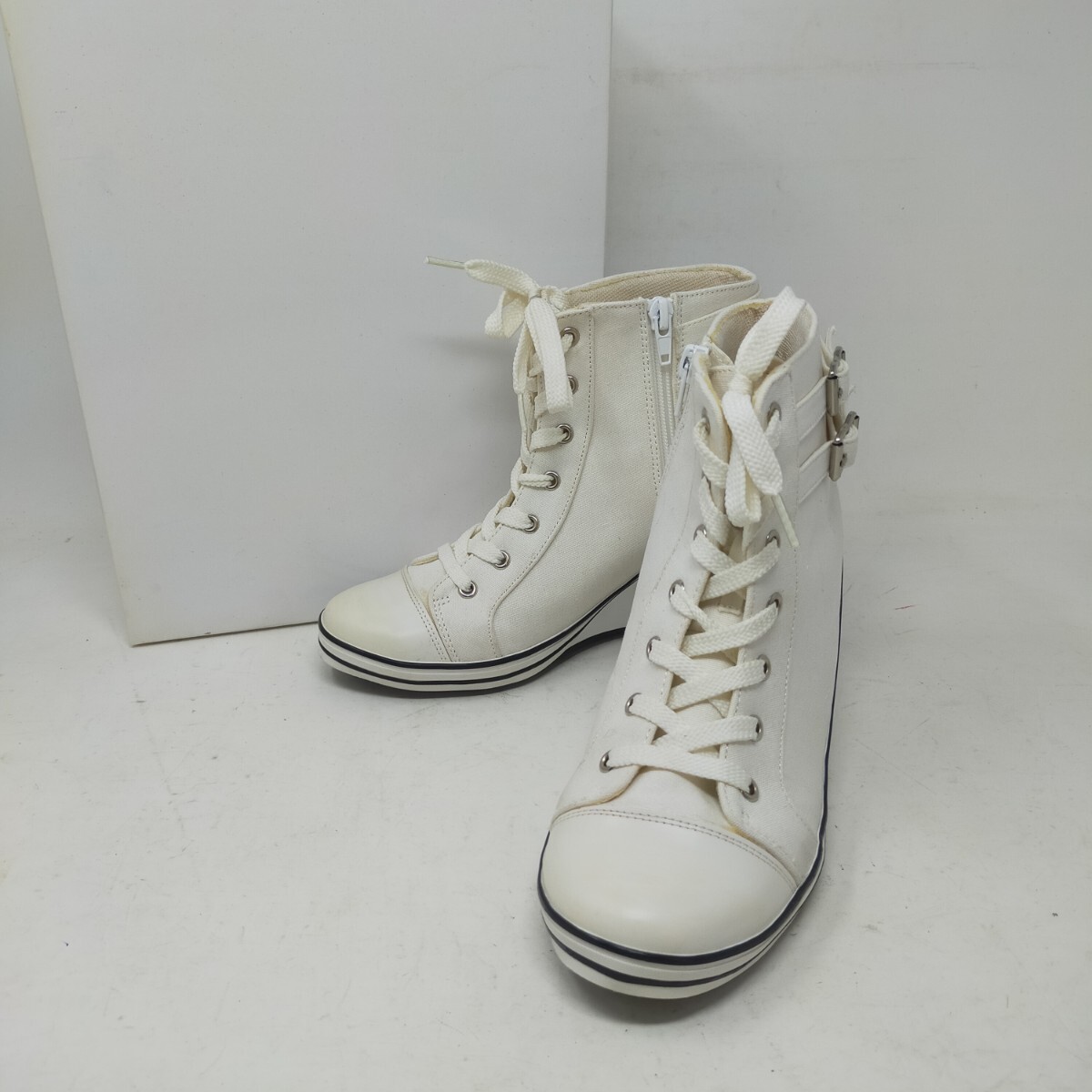 ウェッジヒールスニーカー Lサイズ ホワイト 白 ベルト付き ヒール7cm ① S 拍卖