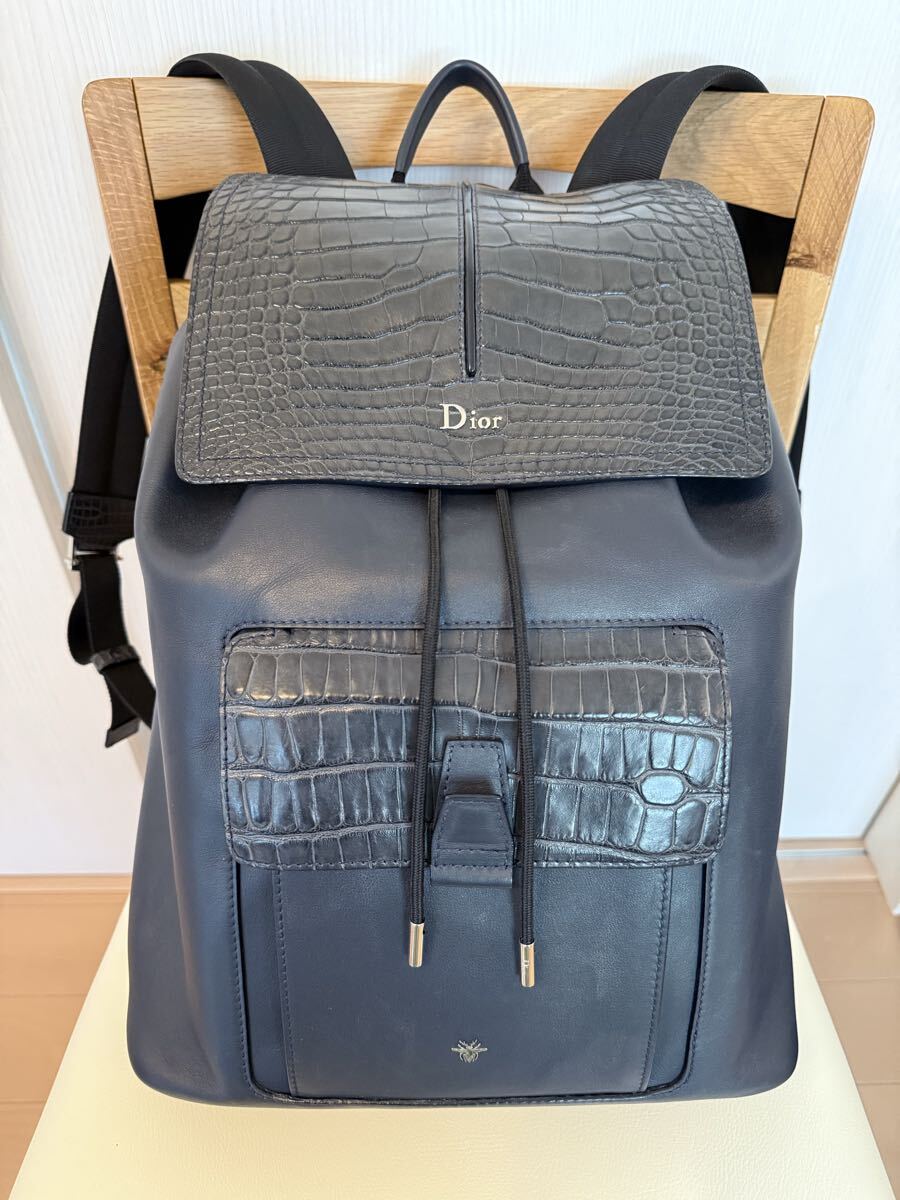 【超美品】Dior ディオール リュック バックパック メンズ レディース ネイビー 紺 レザー クロコダイル バッグ 定価100万超拍卖