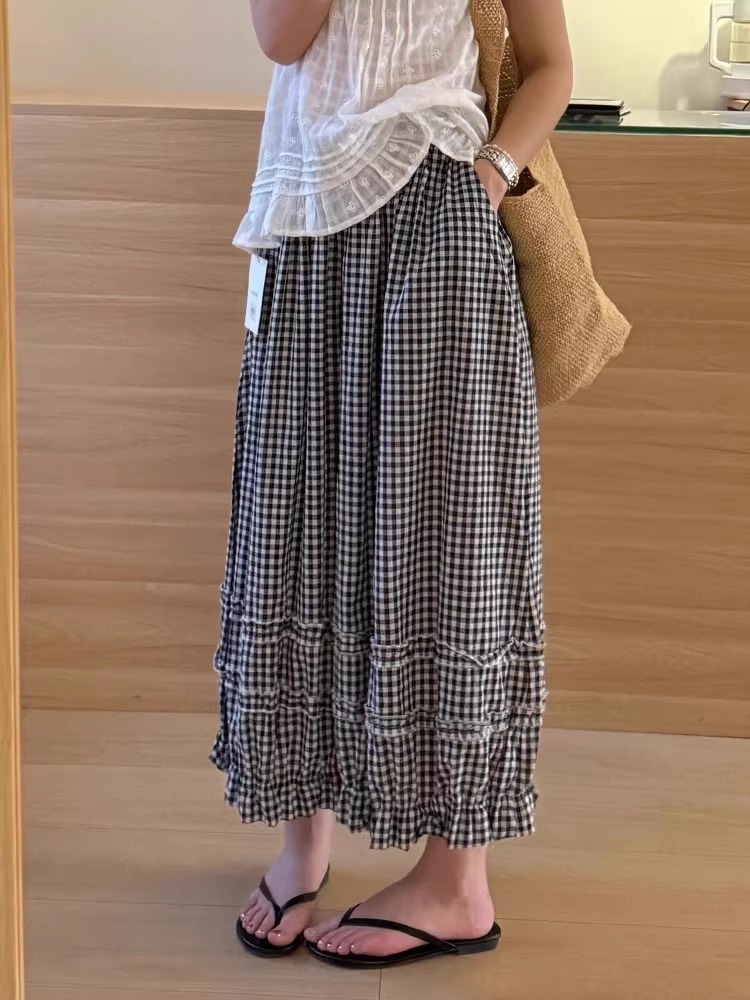 同梱1万円送料無料■ワイドパンツ レディース ボトムス ゆったり体型カバー パンツ オフィス 通勤 夏 涼しい ガウチョパンツ■チェック柄拍卖