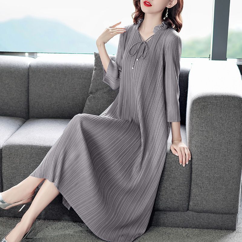 「同梱1万円送料無料」レディーストップスプリーツpleats 長袖ワンピー ス肌触り弾力ドレープ性がいいvネックグレー拍卖