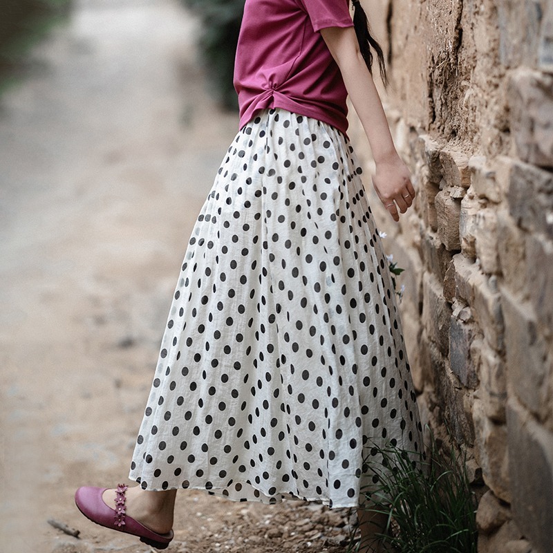 「同梱1万円送料無料」*2025春夏新作レディース*カジュアル*ふんわりドット柄*ゆったり大きいサイズロングフレアスカート*拍卖