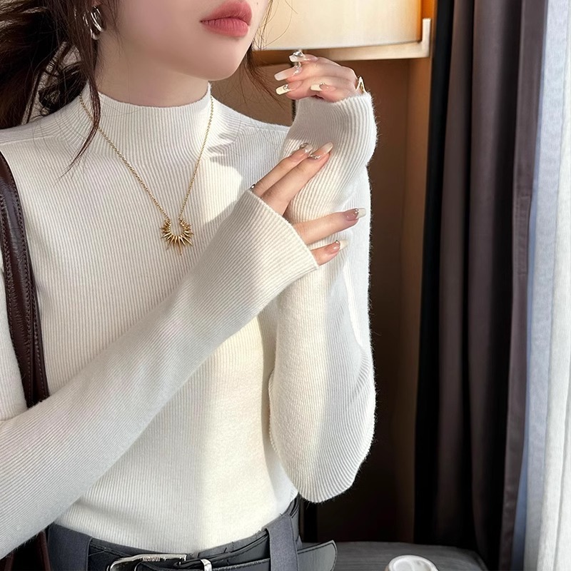 同梱1万円送料無料■ニットセーター 長袖 プチハイネック レディース ニットトップス セーター 伸縮性抜群 かわいい シンプル ■白拍卖