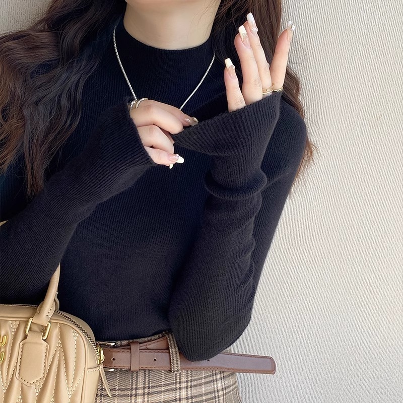 同梱1万円送料無料■ニットセーター 長袖 プチハイネック レディース ニットトップス セーター 伸縮性抜群 かわいい シンプル ■黒拍卖