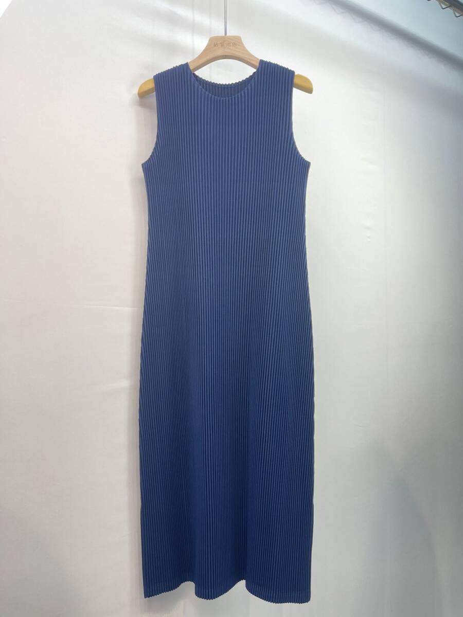 「同梱1万円送料無料」レディーストップスプリーツpleatsノースリーブワンピース弾力が肌触りドレープ性がいい大人可愛い気品紺拍卖