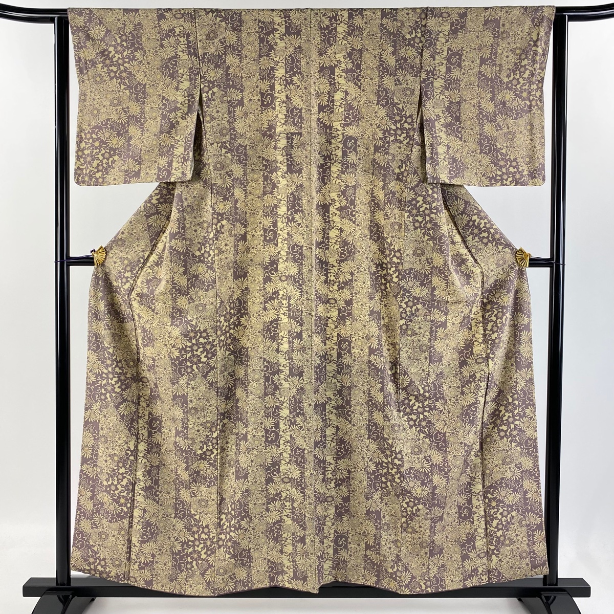 小紋 身丈157cm 裄丈63cm S 袷 草花 縞 灰紫 正絹 美品 秀品 【中古】拍卖