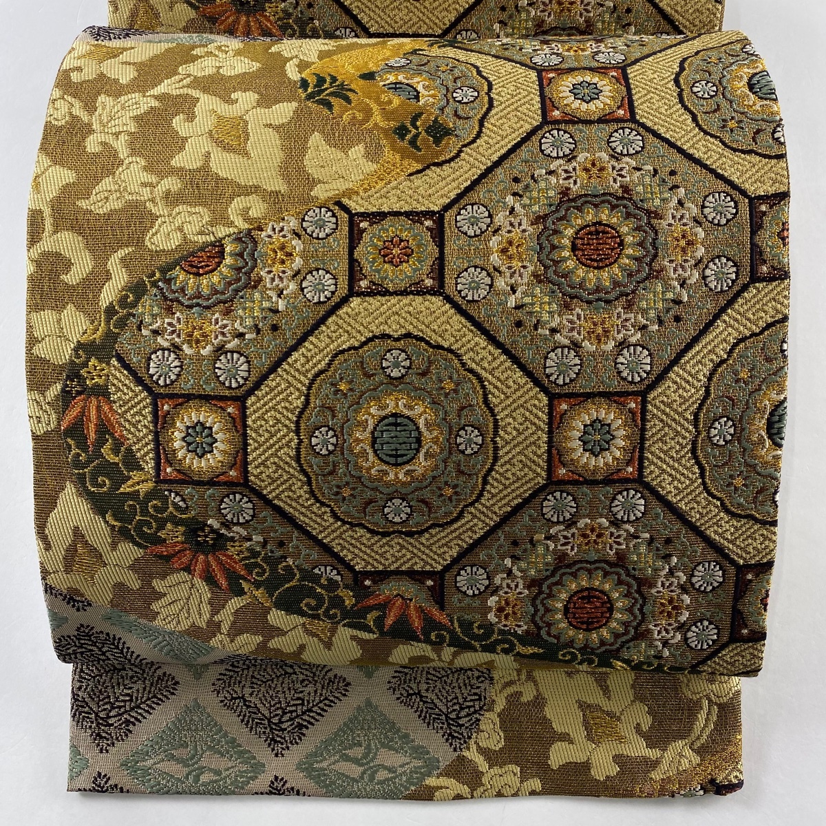 袋帯 秀品 蜀江文 華文 金糸 箔 茶緑色 六通 正絹 【中古】拍卖