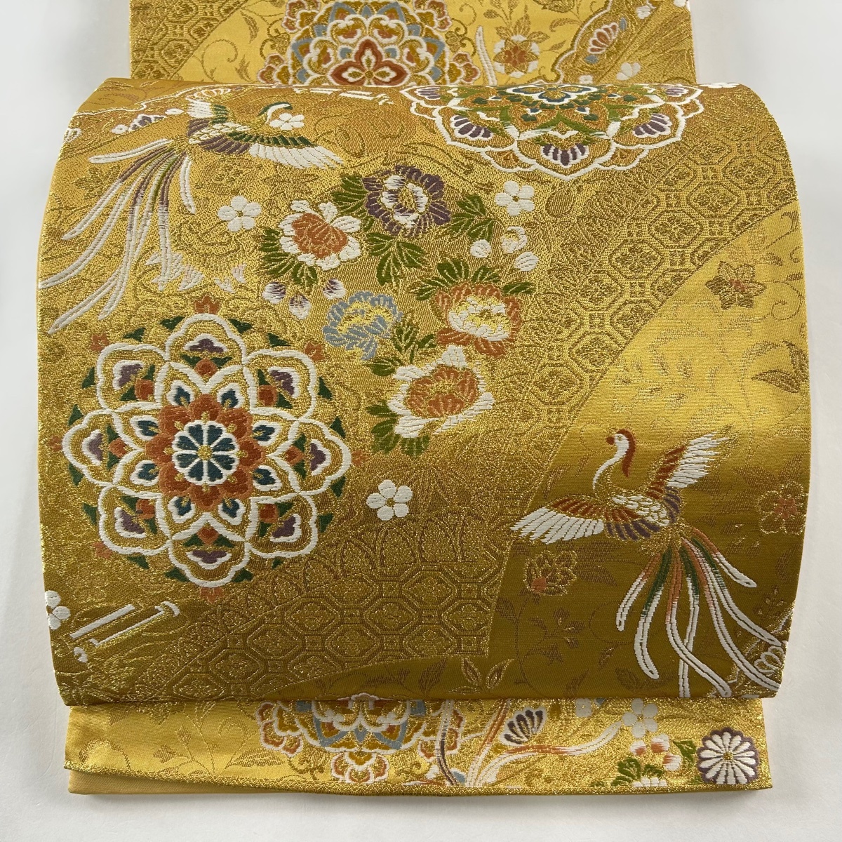 袋帯 秀品 関西仕立て 華文 花鳥 唐織 箔 金色 六通 正絹 【中古】拍卖