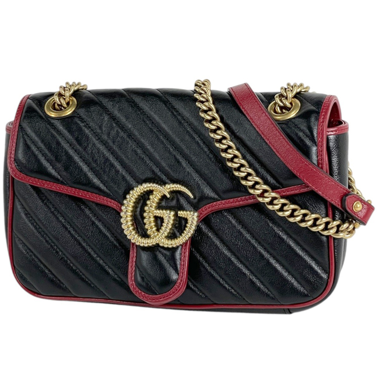 グッチ GUCCI GGマーモント キルティング スモール ショルダーバッグ ダブルG レザー ブラック レッド 443497 レディース 【中古】拍卖