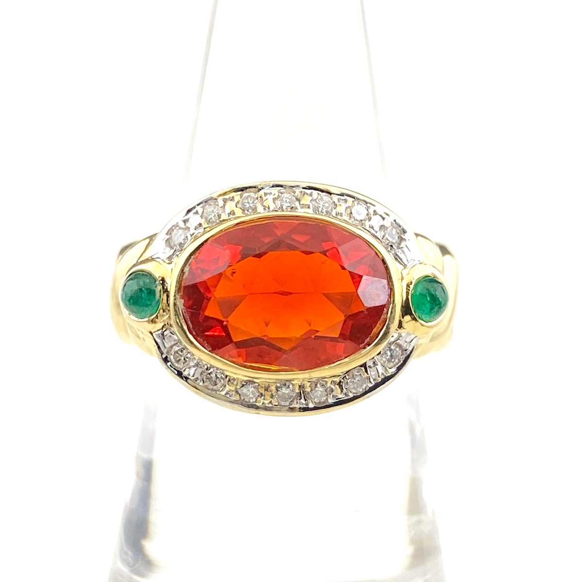 ポンテヴェキオ Ponte Vecchio ファイアオパール デザインリング YG 指輪 エメラルド 12.5号 K18 ダイヤモンド レディース 中古拍卖