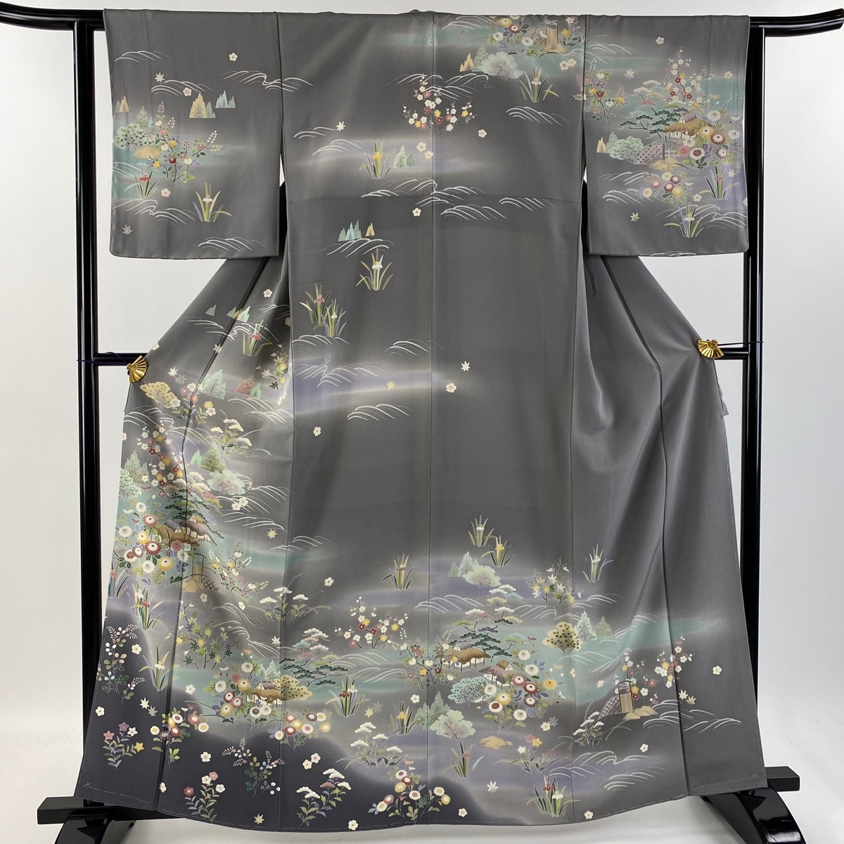 訪問着 身丈162cm 裄丈62.5cm S 袷 草花 建物 ぼかし 灰色 正絹 逸品 一つ紋 【中古】拍卖