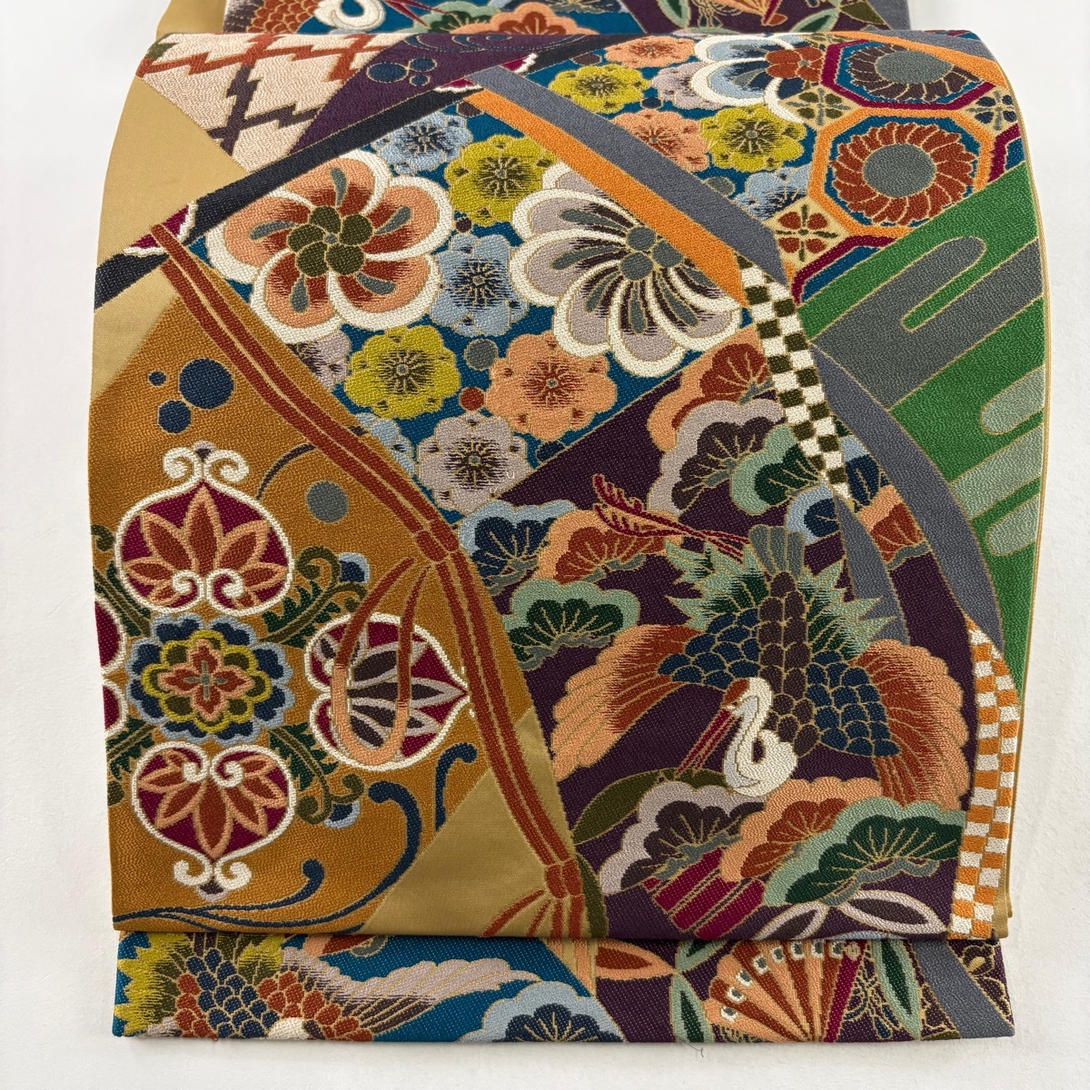 袋帯 逸品 白綾苑大庭 落款 花鳥 華文 箔 茶色 六通 正絹 【中古】拍卖