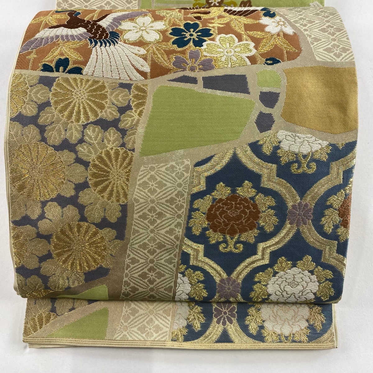 袋帯 名品 川島織物 落款 関西仕立て 鳳凰 草花 唐織 金糸 薄茶色 六通 正絹 【中古】拍卖