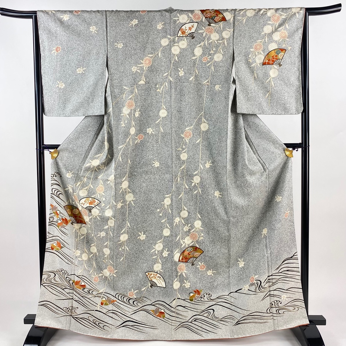 【在庫一掃】 訪問着 身丈166cm 裄丈65cm M 袷 鴛鴦 扇 金彩 灰色 正絹 美品 名品 【中古】拍卖