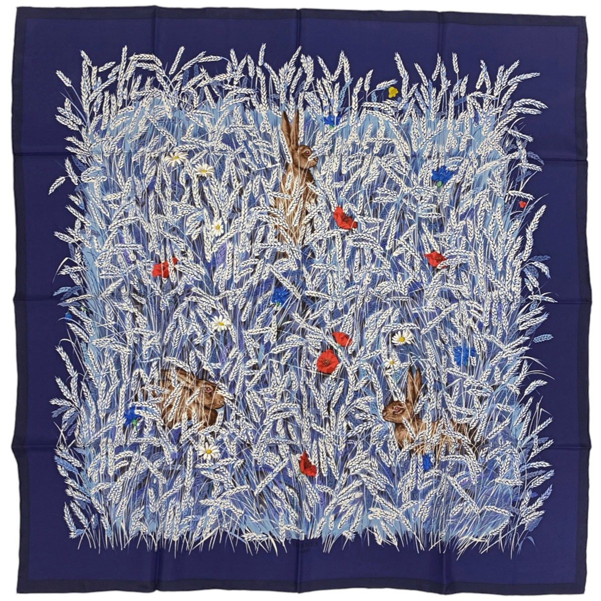 エルメス HERMES カレ 90 Lapins Dans un Champ de 麦畑とうさぎ スカーフ シルク ネイビーマルチカラー レディース 【中古】拍卖