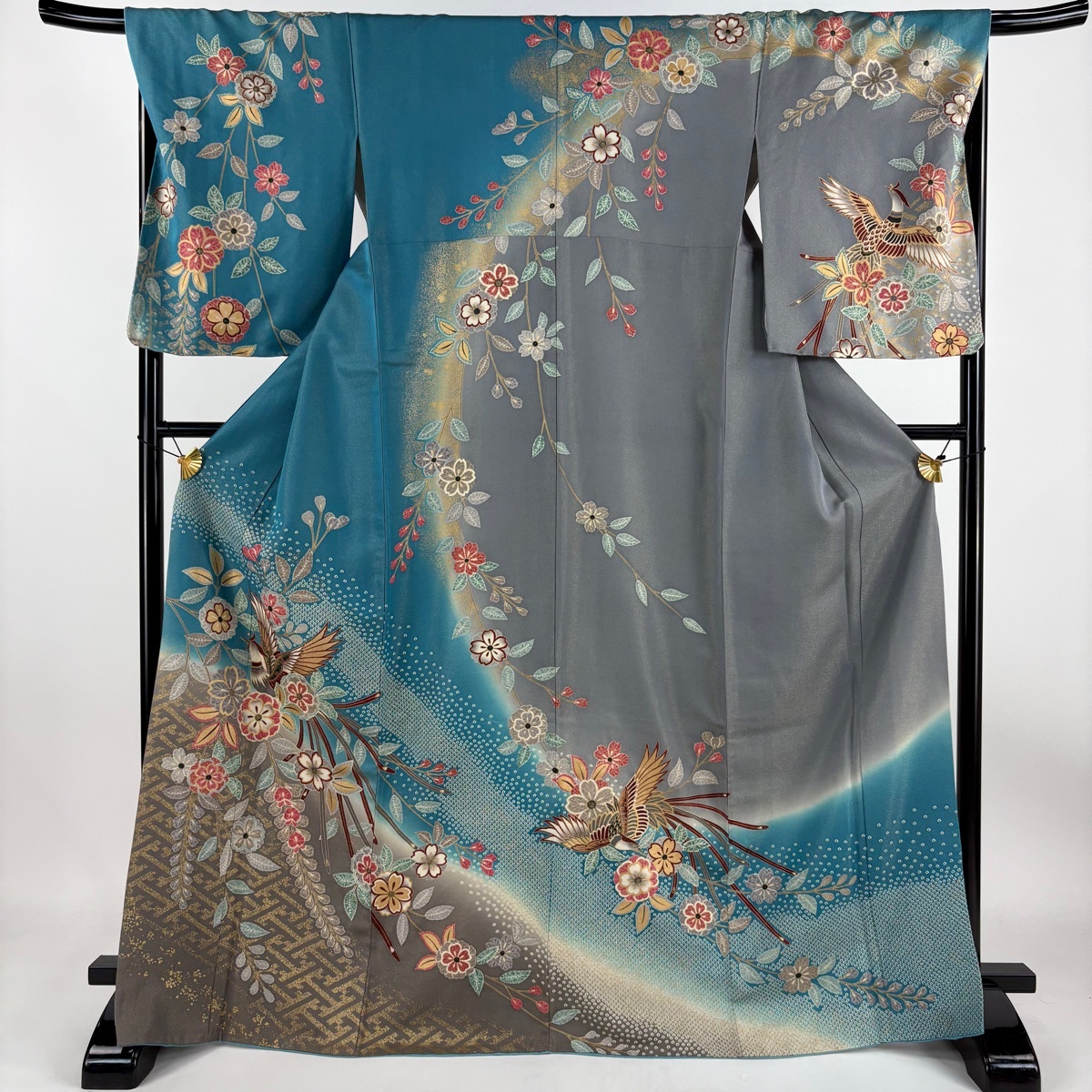訪問着 身丈169.5cm 裄丈68.5cm L 袷 尾長鳥 桜 金通し 金彩 水色 正絹 名品 【中古】拍卖