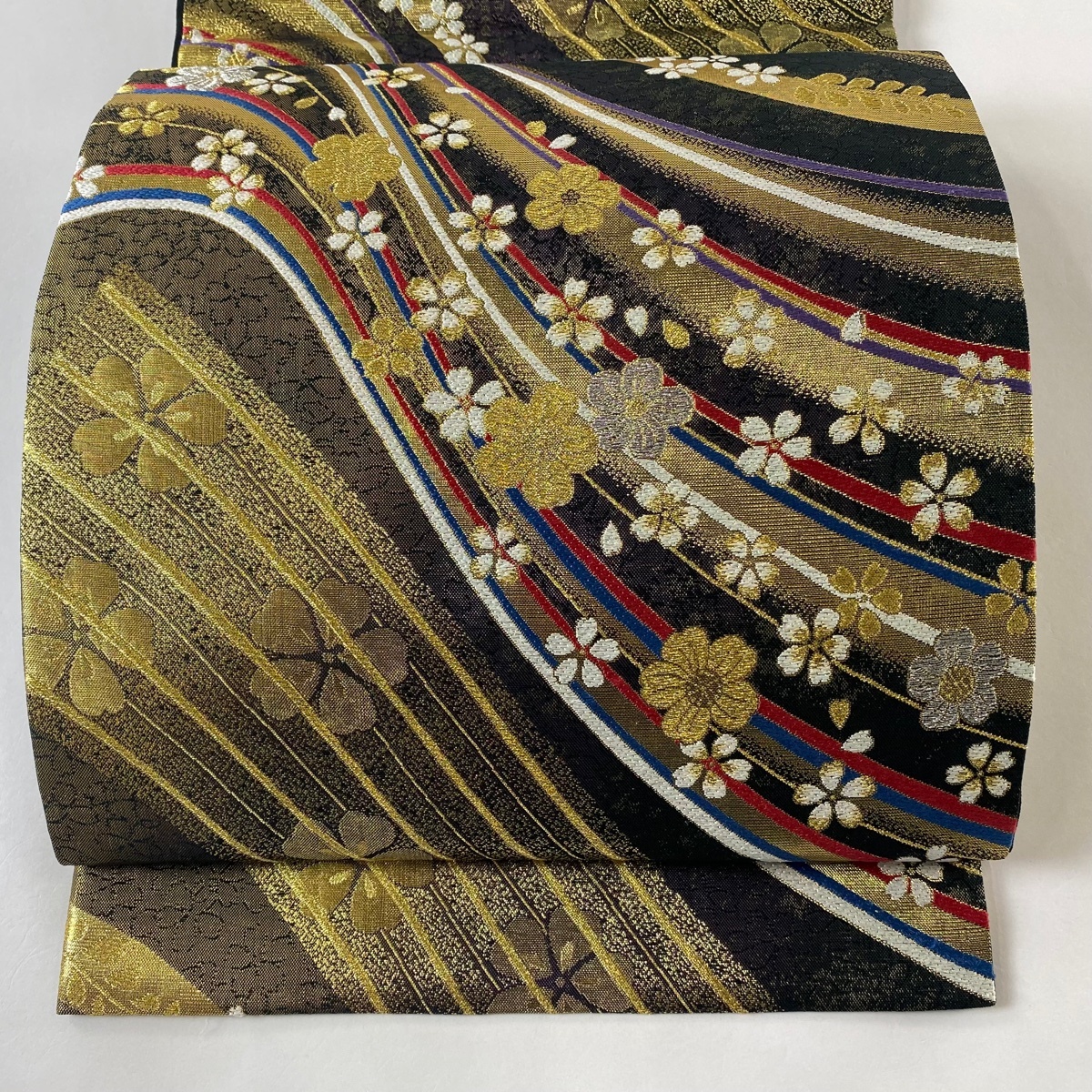 袋帯 美品 秀品 振袖向き 桜 金銀糸 箔 墨色 六通 正絹 【中古】拍卖