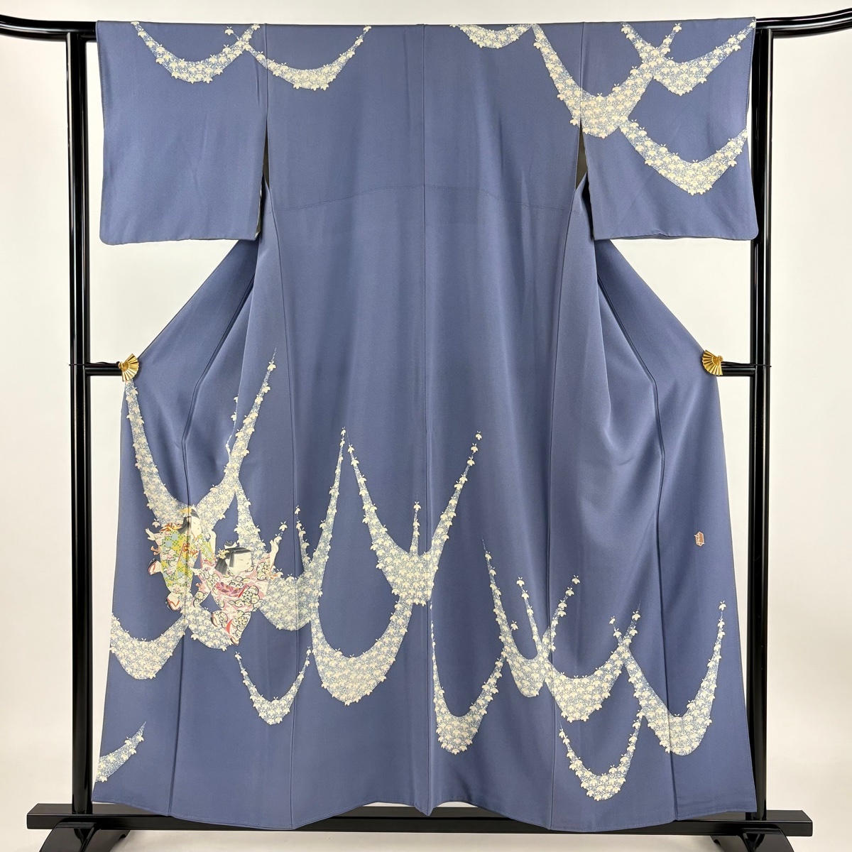 訪問着 身丈155.5cm 裄丈63cm S 袷 二代目由水十久 落款 童 花幕 青紫 正絹 逸品 【中古】拍卖