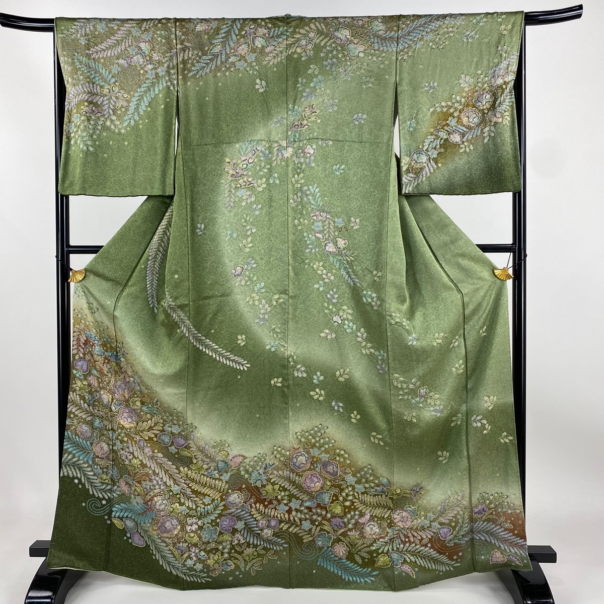 訪問着 身丈166cm 裄丈65cm M 袷 辻が花 金彩 ぼかし よもぎ色 正絹 美品 逸品 【中古】拍卖