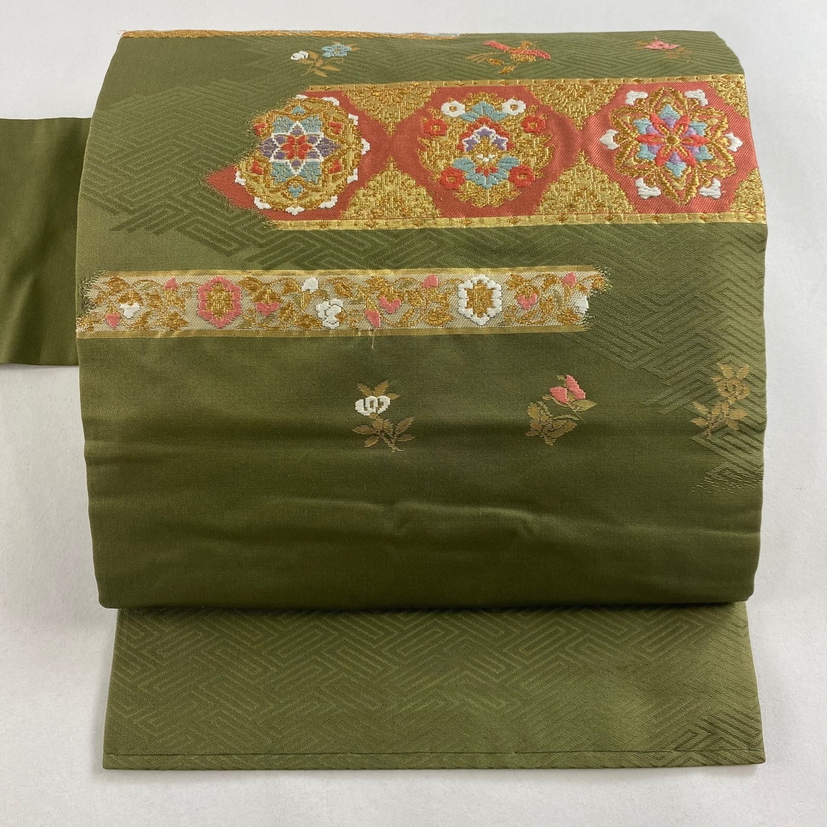 名古屋帯 優品 華文 花喰い鳥 唐織 箔 鶯色 正絹 【中古】拍卖