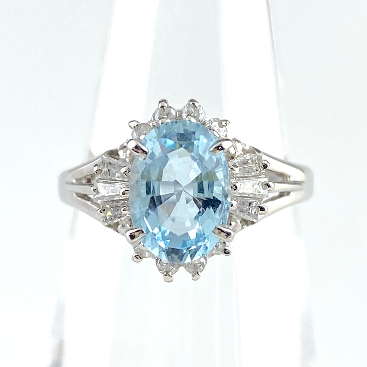 【在庫一掃】 アクアマリン デザインリング プラチナ 指輪 メレダイヤ リング 11.5号 Pt900 アクアマリン ダイヤモンド 【中古】拍卖