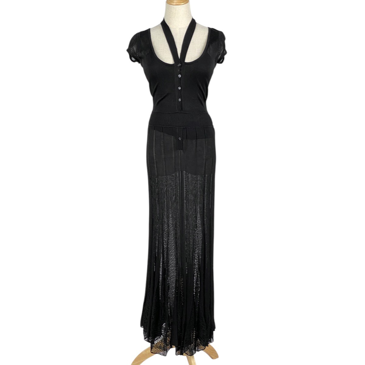 シャネル CHANEL ノースリーブ ワンピース ロゴボタンフレンチスリーブ ワンピース スカート レーヨン ブラック レディース 【中古】拍卖