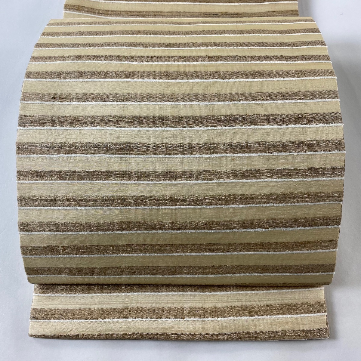 袋帯 美品 逸品 紬地 縞 薄茶色 全通 正絹 【中古】拍卖