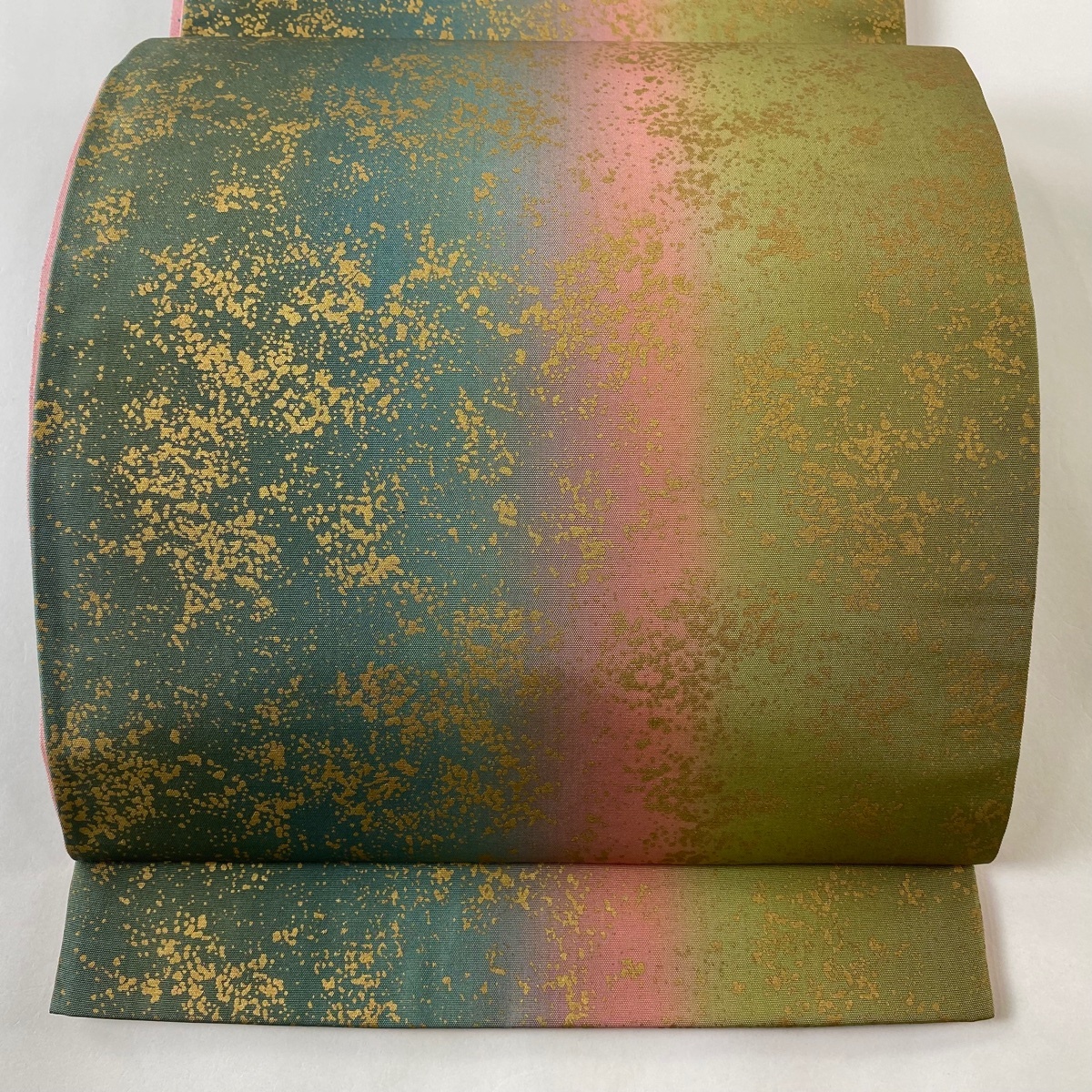 袋帯 秀品 証紙 大島紬地 幾何学模様 縞 金彩 緑 全通 正絹 【中古】拍卖