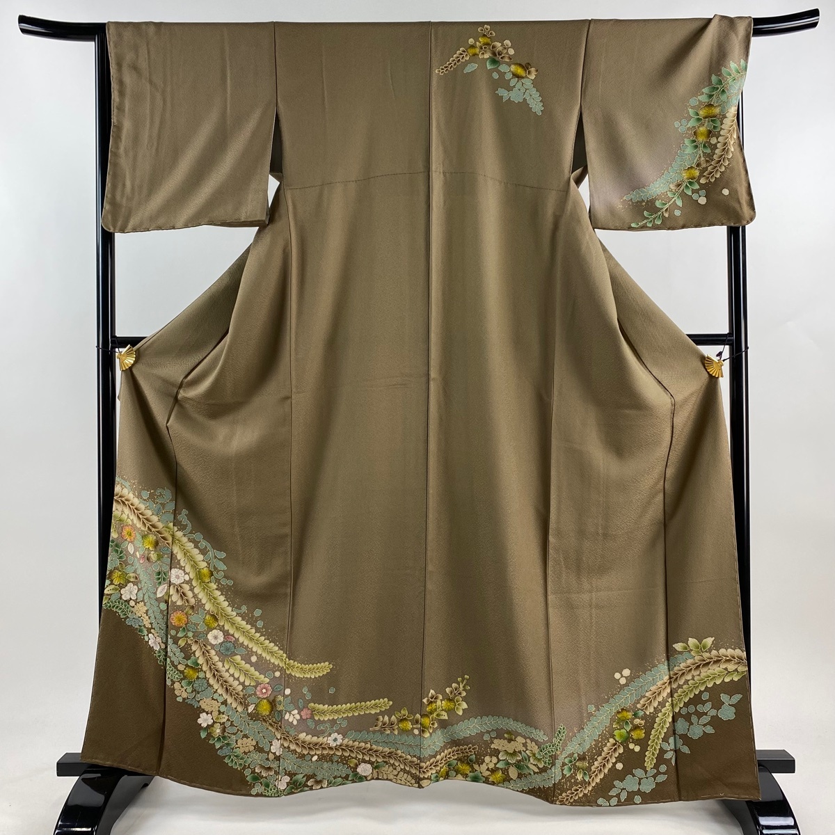 訪問着 身丈164cm 裄丈67cm M 袷 草花 金彩 ぼかし 薄茶色 正絹 名品 【中古】拍卖