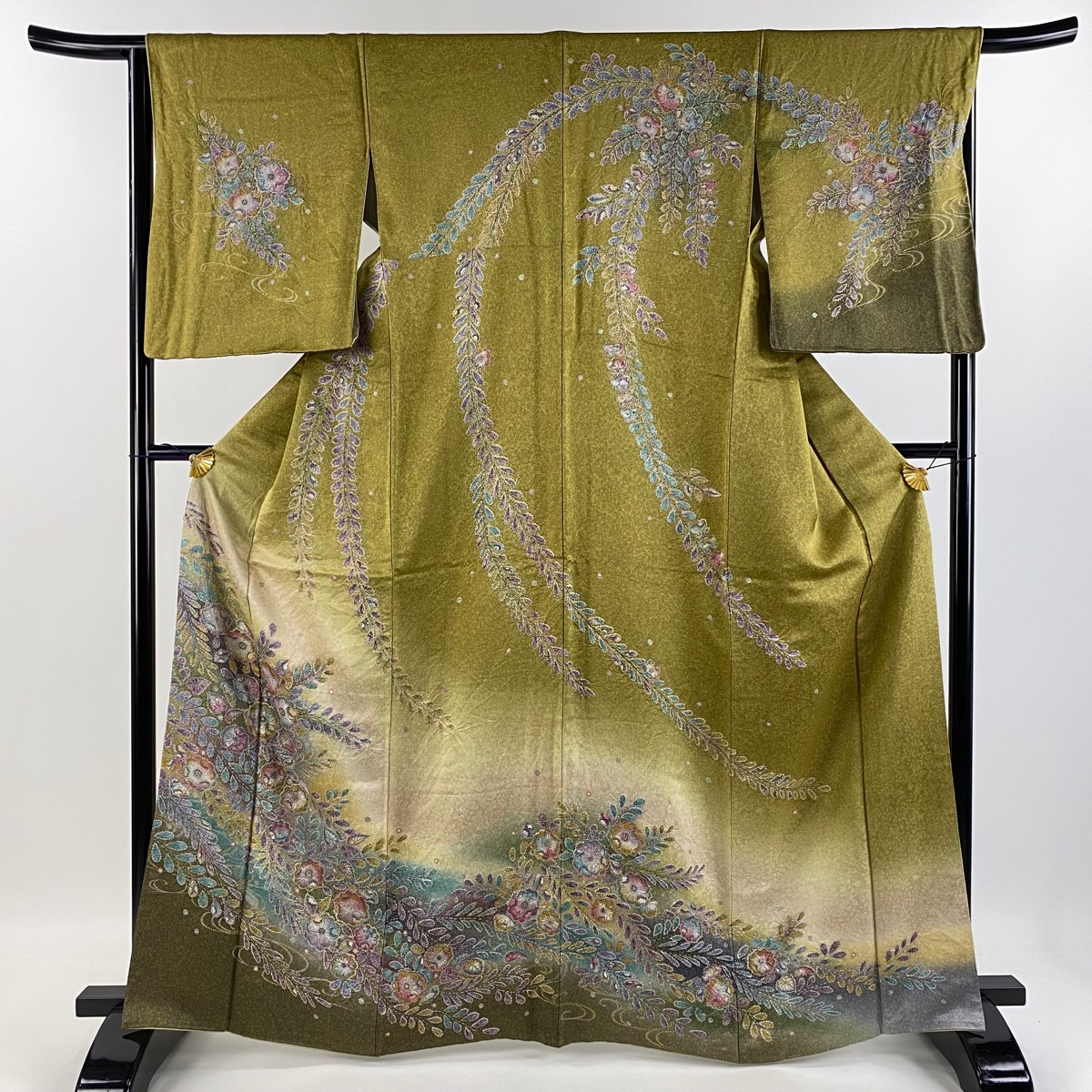訪問着 身丈165.5cm 裄丈66.5cm M 袷 辻が花柄 金彩 ぼかし 灰緑 正絹 美品 逸品 【中古】拍卖