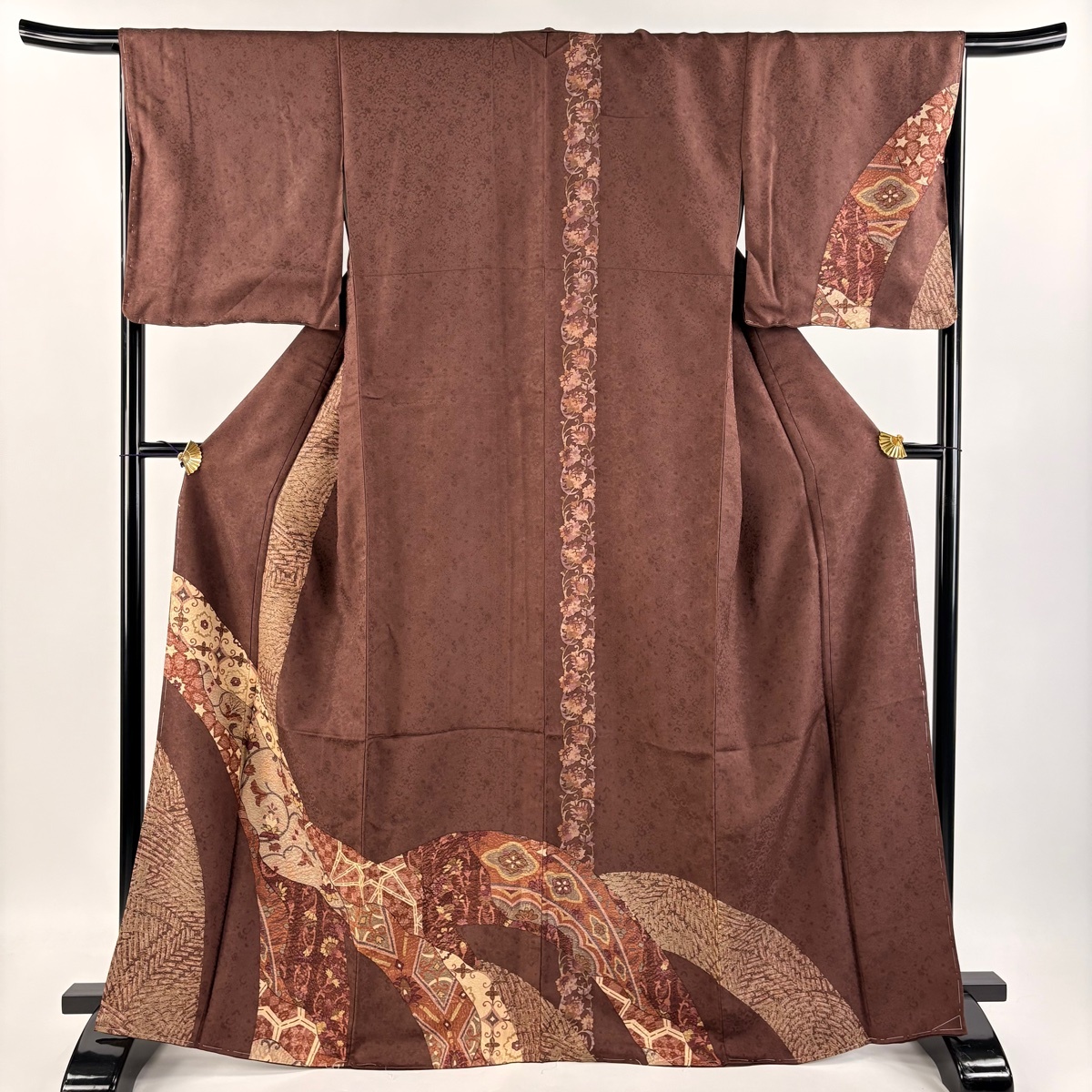 訪問着 身丈167cm 裄丈67cm M 袷 花唐草 幾何学 茶紫 正絹 美品 秀品 【中古】拍卖