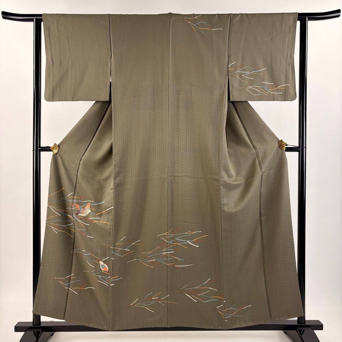 訪問着 身丈157.5cm 裄丈62.5cm S 袷 鳥 枝 刺繍 金糸 灰緑 正絹 秀品 【中古】拍卖