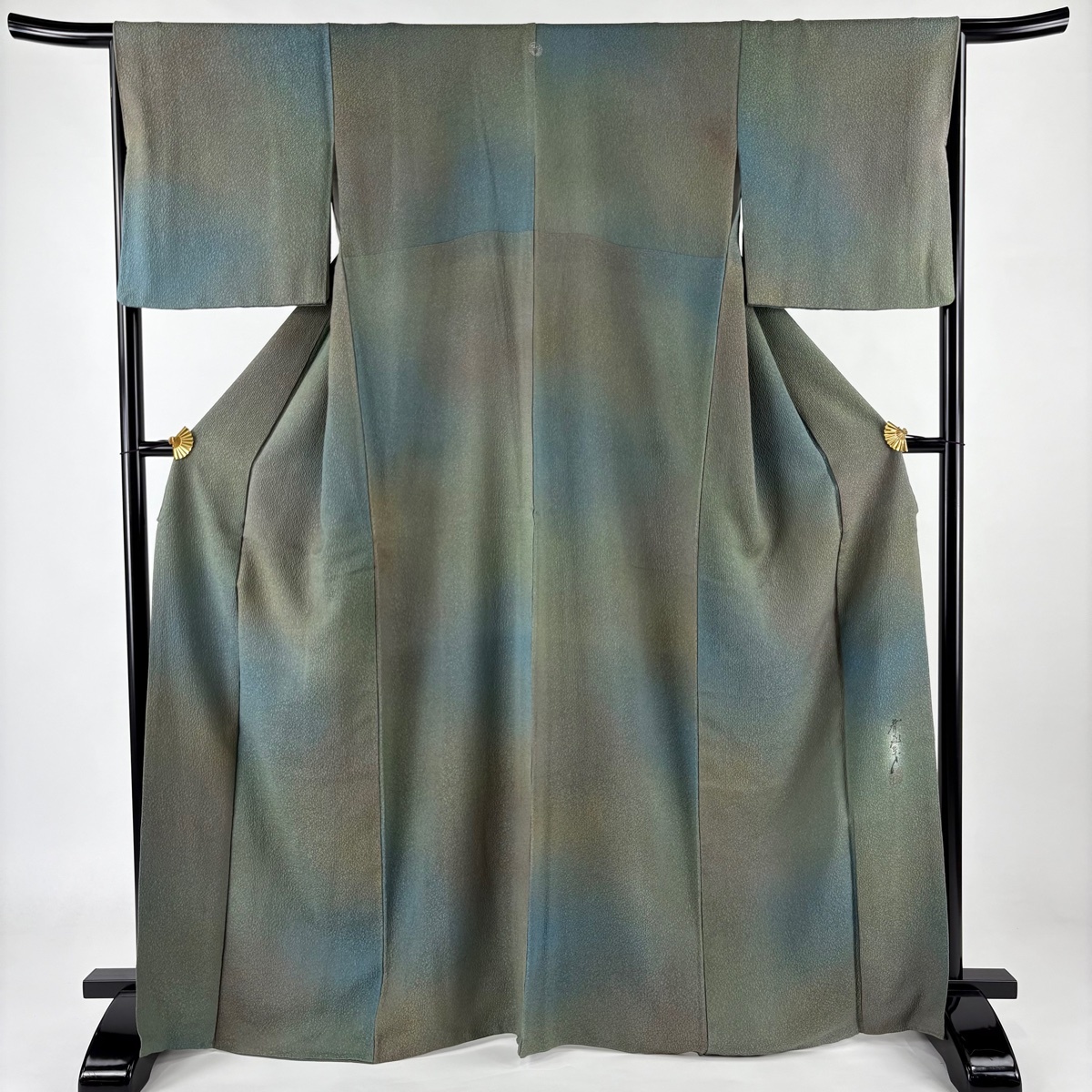 小紋 身丈166.5cm 裄丈67cm M 袷 斉藤三才 落款 地紋 ぼかし 青緑 正絹 美品 名品 一つ紋 【中古】拍卖