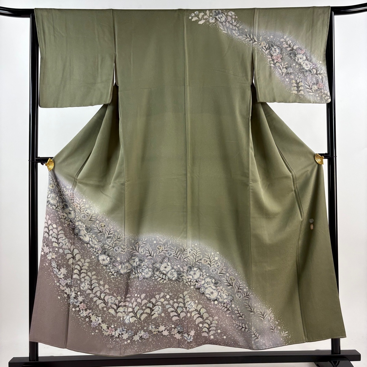 訪問着 身丈153cm 裄丈65cm M 袷 落款 辻が花 染め分け ぼかし 灰緑 正絹 名品 【中古】拍卖