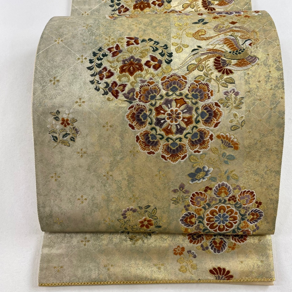 袋帯 美品 秀品 関西仕立て 華文 鳥 金糸 箔 金色 六通 正絹 【中古】拍卖