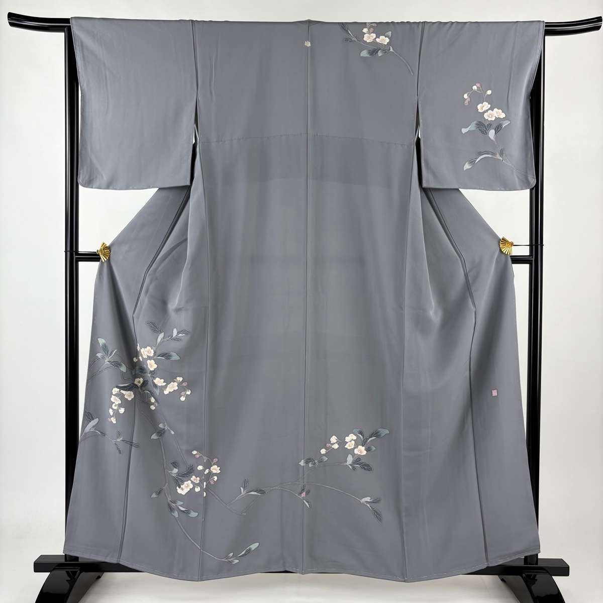 訪問着 身丈158cm 裄丈64.5cm M 袷 落款 桜 灰色 正絹 秀品 一つ紋 【中古】拍卖