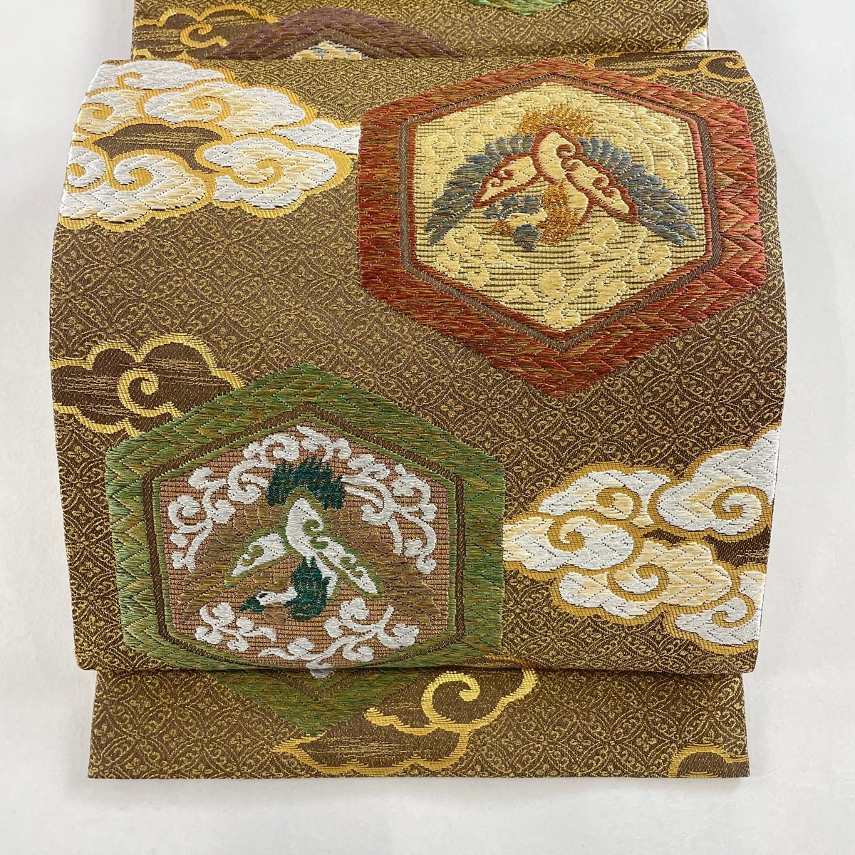 袋帯 美品 名品 亀甲 鳥 唐織 金銀糸 焦茶色 六通 正絹 【中古】拍卖