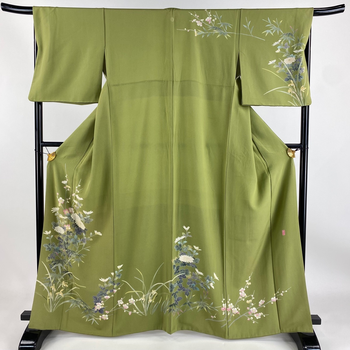 訪問着 身丈163.5cm 裄丈67cm M 袷 鈴乃屋 落款 菊 笹 鶯色 正絹 秀品 一つ紋 【中古】拍卖