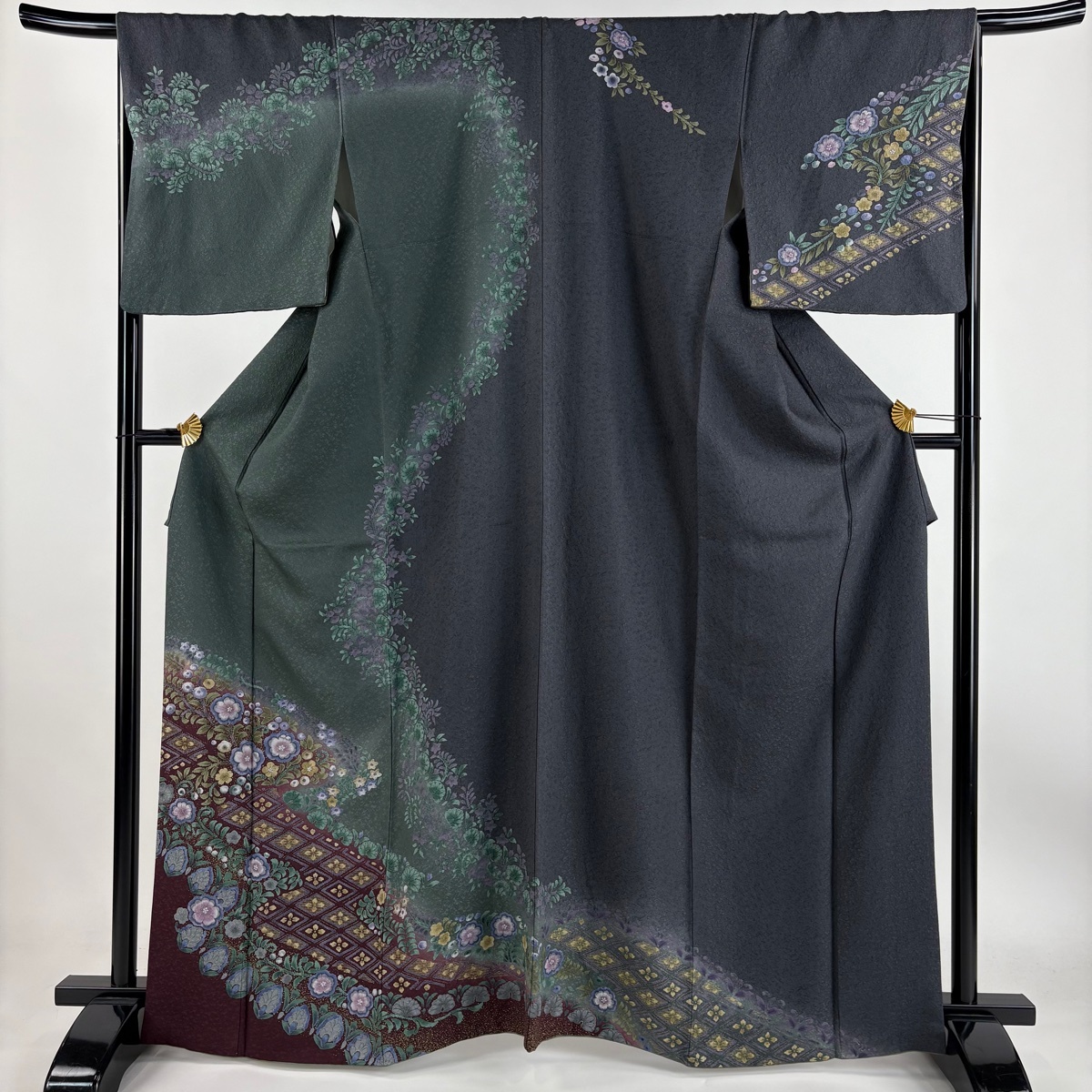 訪問着 身丈165cm 裄丈68cm L 袷 草花 花菱 金彩 染分け 灰緑 正絹 名品 【中古】拍卖